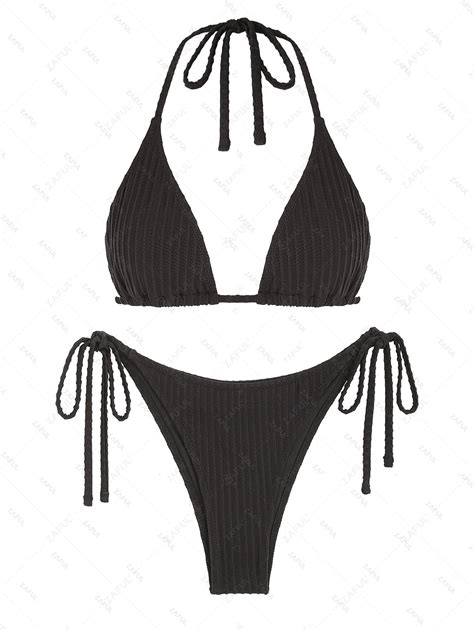 ZAFUL Textured Ribbed String Bikini Set In BLACK ZAFUL 2024
