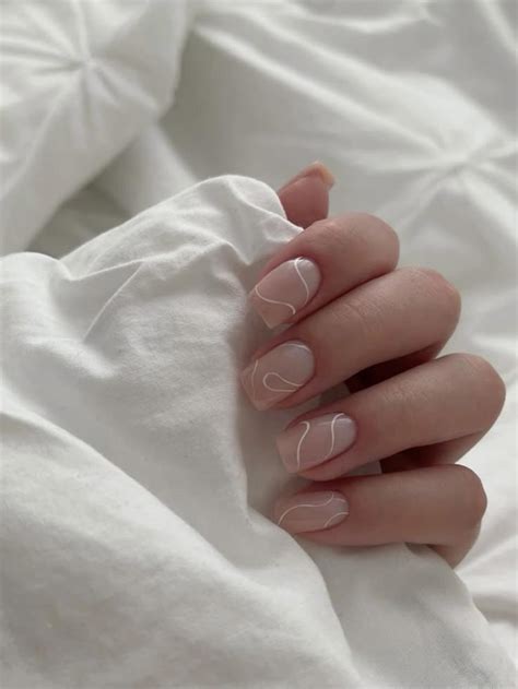 Short Nude Square Nails W Abstract White Line Design Trending Nail