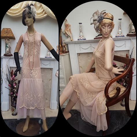 1920 S Nude Embroidered Flapper Dress Drop Waist Mesh Etsy