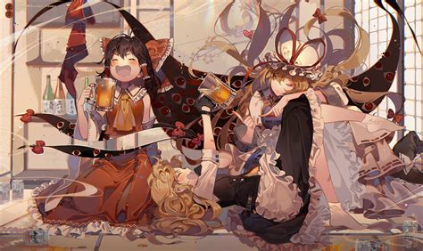 Apron Blonde Hair Blush Bow Brown Hair Drink Gloves Hakurei Reimu Hat Japanese Clothes Jpeg