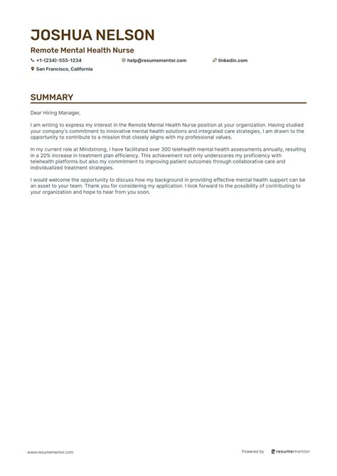 Remote Nurse Cover Letter Examples by ResumeMentor.com - Professional