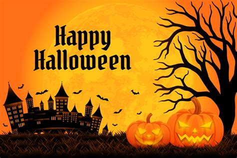 Halloween background template with castle, tree, pumpkin and moon