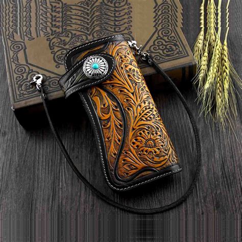 Handmade Tooled Black Leather Mens Biker Chain Wallet Long Biker Walle