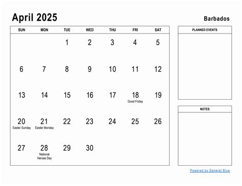 April 2025 Planner with Barbados Holidays