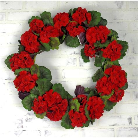 De 22 Inch Artificial Red Geranium Wreath With Deep Red Flower Blossoms