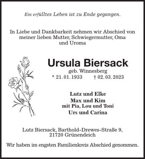 Ursula Biersack Traueranzeige Stader Tageblatt