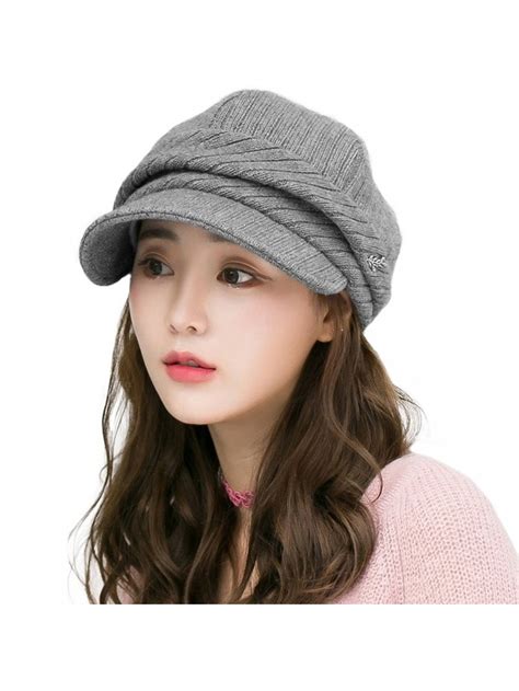 Wool Knitted Visor Beanie Winter Hat For Women Newsboy Cap Warm Soft