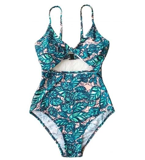 Women S Leaves Print Back Hook Closure Cut Out Bikini One Piece Swimsuit Beach Swimwear Bathing