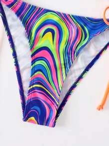 Bamgleam Summer Beach Fluid Pattern Bikini Set Halter Micro Triangle Bra Top Tie Side Bikini