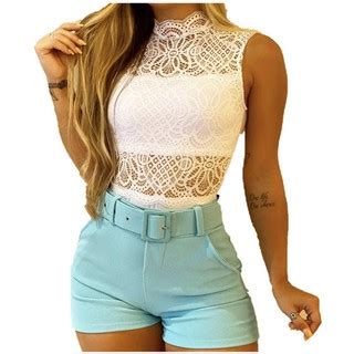 Body Feminino Renda Gola Alta Regata Shopee Brasil