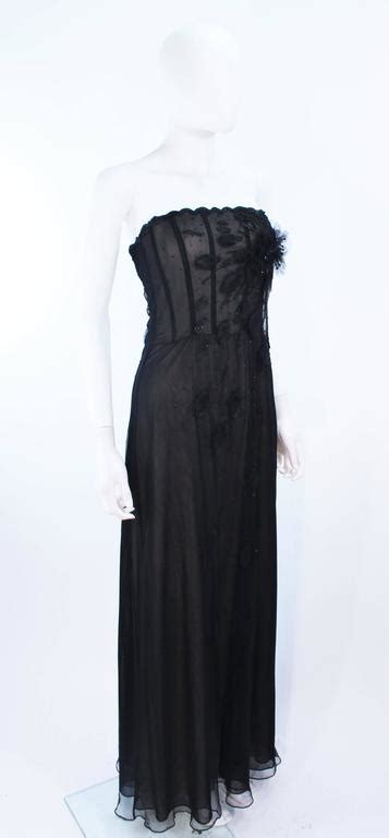 Custom Black Floral Beaded Applique Gown With Nude Size For Sale At