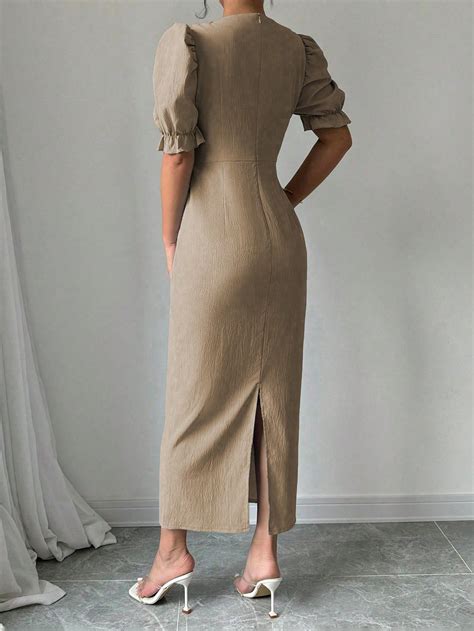 Elenzga Women’s Elegant Mini Dress with Puff Sleeves, Bow Tie and Slit