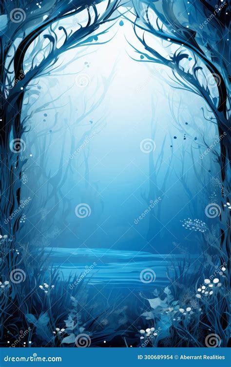 An Illustration Of A Blue Forest With Trees And Water Stock Photo