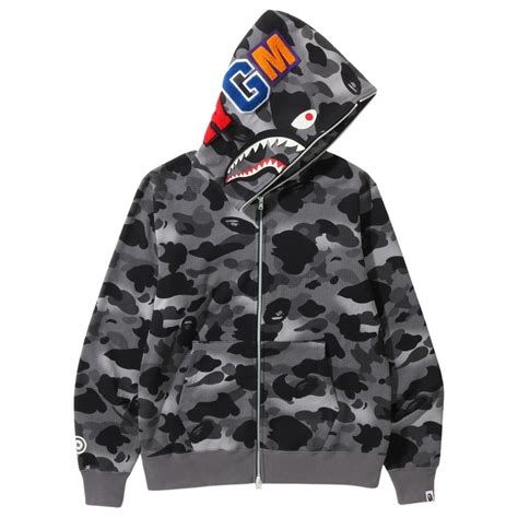 A Bathing Ape Men Grid Camo Shark Full Zip Hoodie black