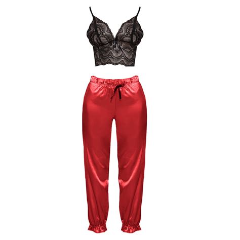 Odeerbi Sexy Lace Lingerie For Women Fashion Hollow Deep V Top Satin Trousers Pajama Suit