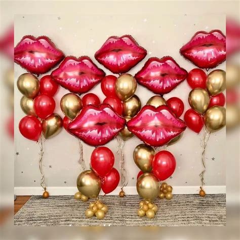 Red Lips Balloon Bundle Gold Red Round Balloon Fun Valentines Day