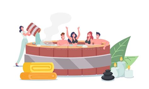 Happy Characters Relax In Japanese Onsen Bath Natural Spa Resort Hot Springs Friends Enjoy