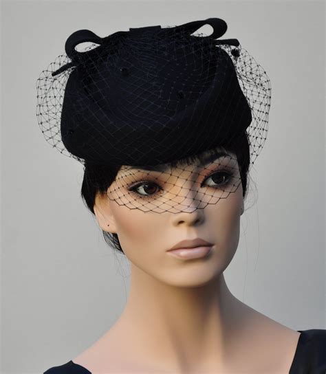 Womens Black Pillbox Hat Black Felt Veil Hat Church Hat Ladies