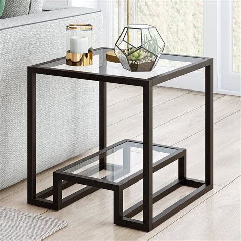 Geometric Modern Glass Side End Table With Storage Shelf Square Accent Table For Living Room