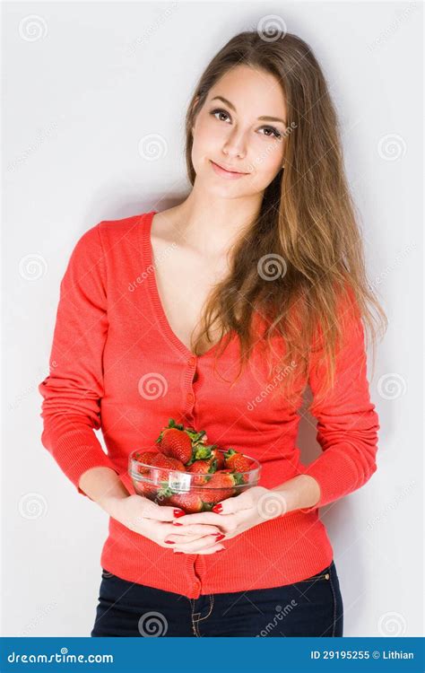 Brunette With Fresh Ripe Strawberries Stock Image Image Of Looking Portrait 29195255