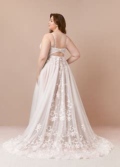 Azazie Devi Diamond White Nude A Line V Neck Lace Tulle Dress Azazie