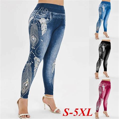 Cheap Womens Plus Size Seamless Cotton Stretch Imitation Jeans