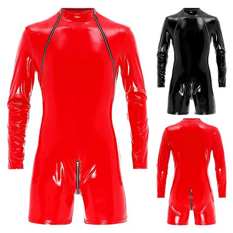 Latex Leotard Bodysuit Men's One Piece Wet Look PVC Leather Zipper