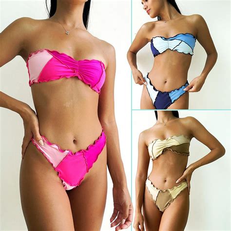 Women Sexy Solid Tube Top Bikini Set Summer Two Piece Sleeveless