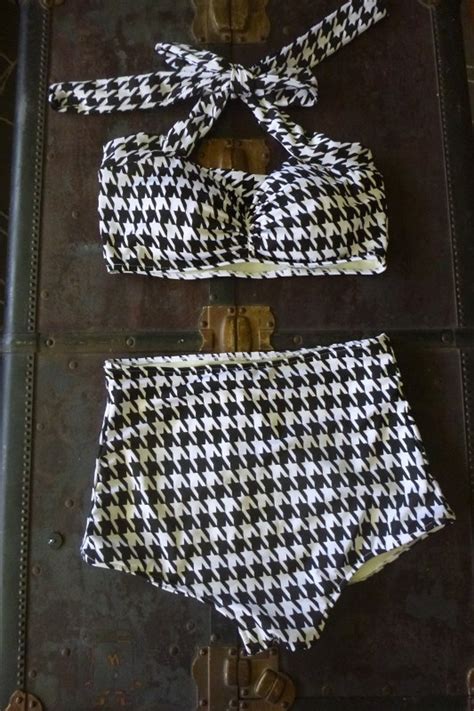 Houndstooth Black And White Retro Pin Up High Waist Bikini Etsy