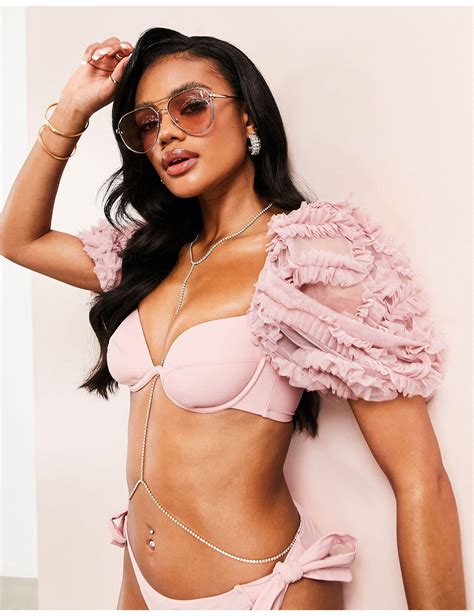 Asos Puff Sleeve 3d Lace Bikini Top In Pink Lyst Canada