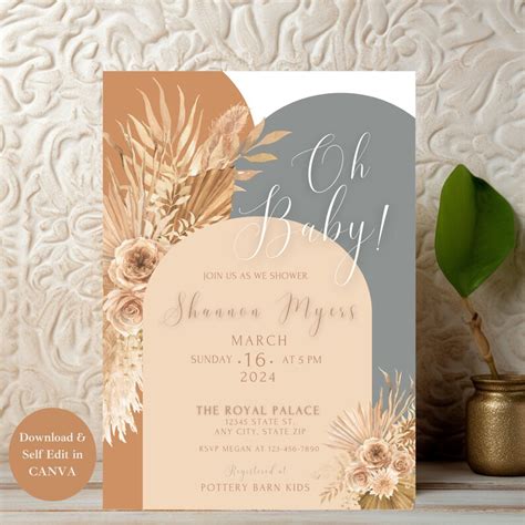 Gray Nude Boho Baby Shower Invitation Arch Shape Baby Shower Invite Nude Brown Gray Boho