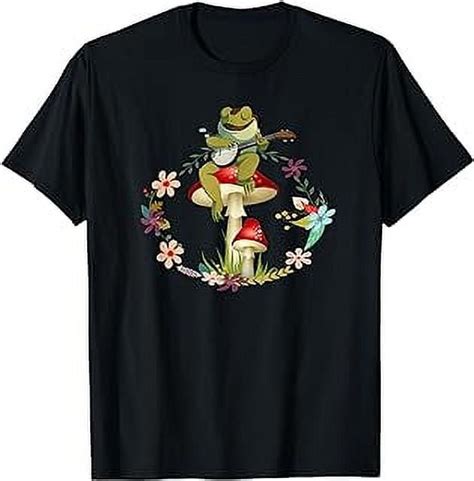 Cottagecore Aesthetic Cute Frog Playing Banjo On Mushroom T Shirt