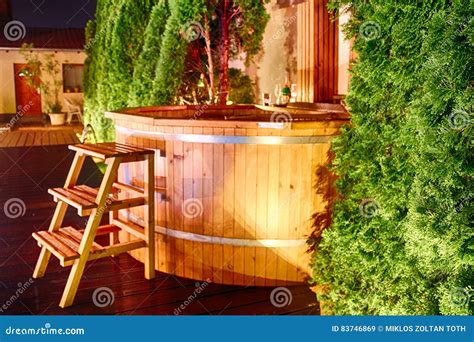 Outdoor Wellnes In A Wooden Hot Tub Stock Image Image Of Romantic
