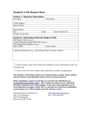 Fillable Online Archives Standard A Files Request Sheet National