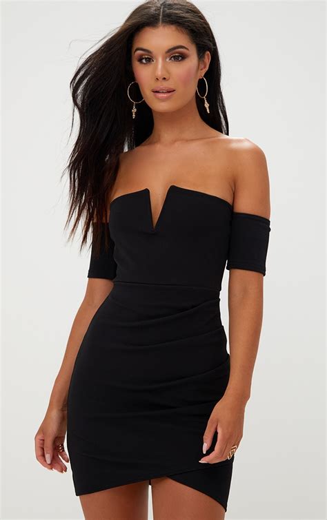 Black Bardot Wrap Front Bodycon Dress Dresses Prettylittlething Ie