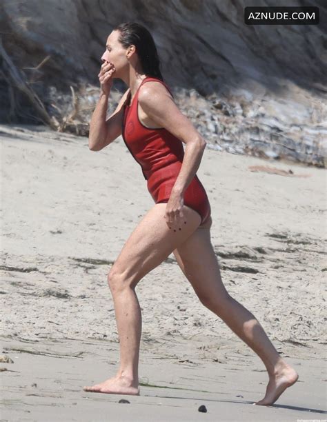 Minnie Driver Sexy Wears A Red One Piece For Dip In The Ocean On Hot Day In Malibu Aznude