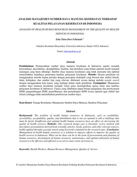 Pdf Analisis Manajemen Sumber Daya Manusia Kesehatan Terhadap Kualitas Pelayanan Kesehatan Di