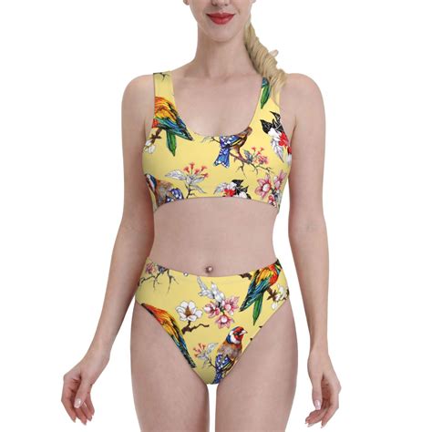 Lukts Women High Waisted Bikini Set Birds And Flowers Swimsuit Piece Bathing Suit Tummy