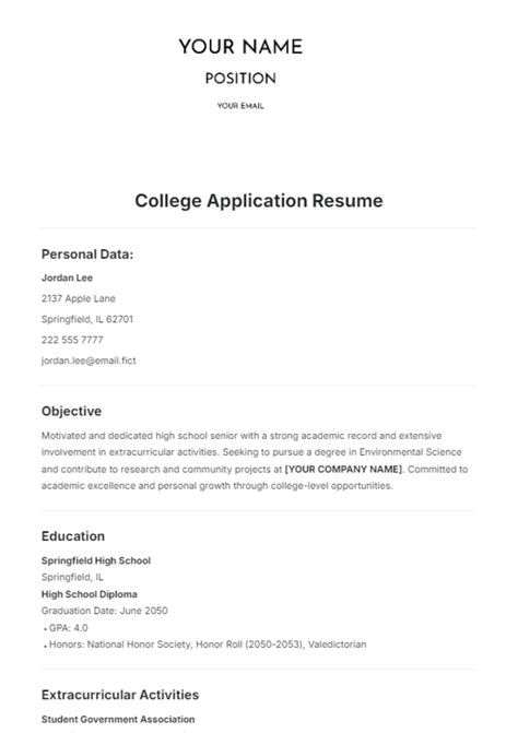 College Application Resume Template - Edit Online & Download Example