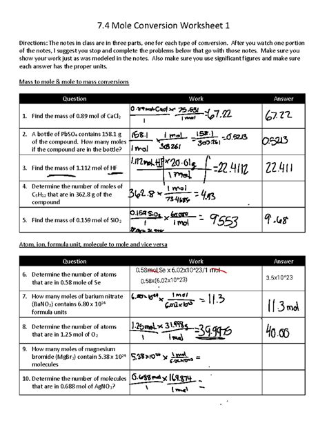 7 5 Mole Conversions Ws 7 Mole Conversion Worksheet 1 Directions The Notes In Class Are In