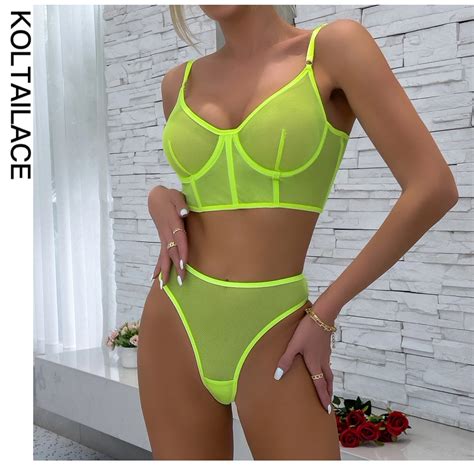 Koltailace Lace Lingerie Sexy Underwear Solid Seamless Set Woman Piece See Through Bra And