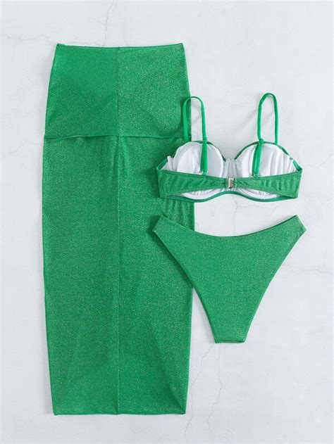 Shein Swim Basics Enf Rgat Bikini Set Push Up Underbygel Topp Bikini Twist Strandkjol