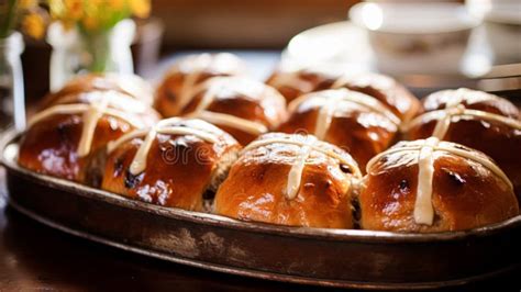 Hot Cross Buns In English Country Cottage Good Friday Religious Holiday And British Cuisine