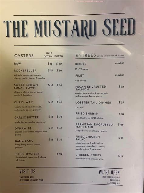 Online Menu of The Mustard Seed Restaurant, Stuttgart, Arkansas, 72160