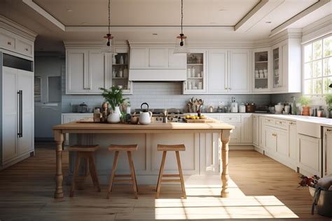 3d rendering of white modern kitchen interior design in Scandinavian ...