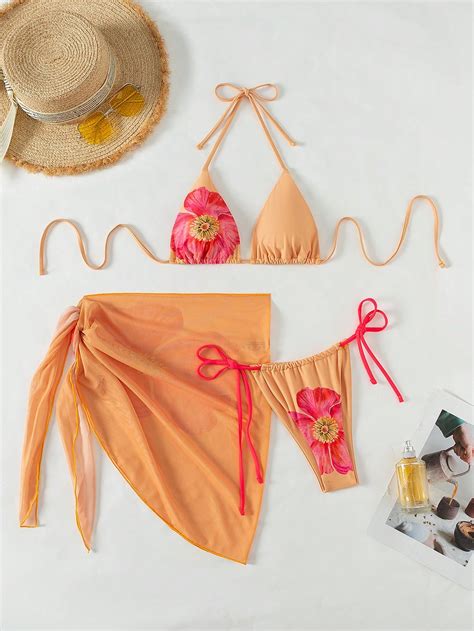 Shein Swim Vcay Women S Halter Neck Flower Print Triangle Bikini Set With Thin Shoulder Straps