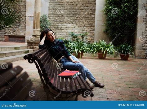 Beautiful Brunette Sitting On The Bench And Waiting For Her Boyfriend Stock Image Image Of