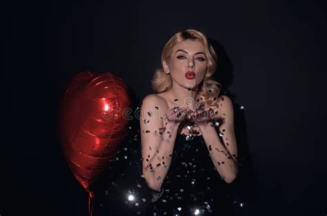 Blonde Woman Blowing Confetti Valentines Day Love Heart Stock Photo Image Of Happiness