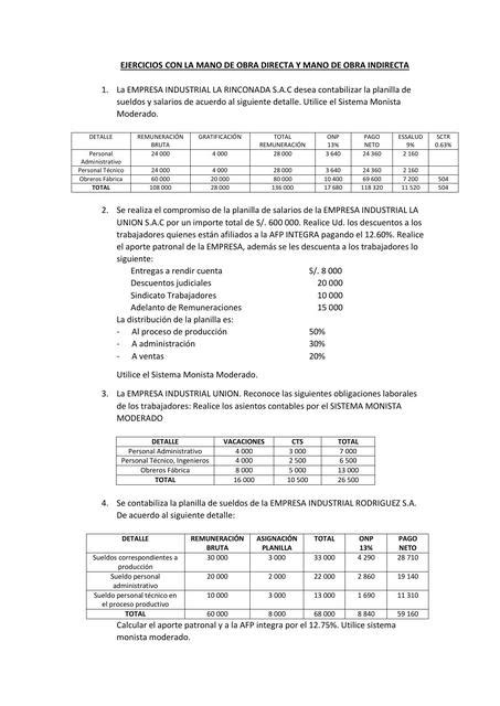 Ejercicios Mano De Obra Directa E Indirecta Renzo Cuzco Udocz