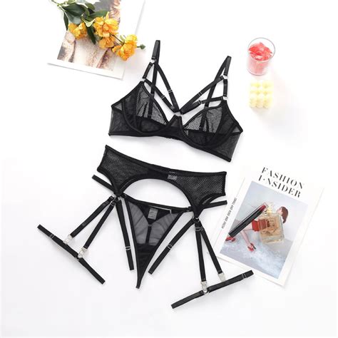 Sexy Fishnet Bandage Bra Panty Garter Belt Piece Set Exotic Strappy Women S Lingerie Underwear